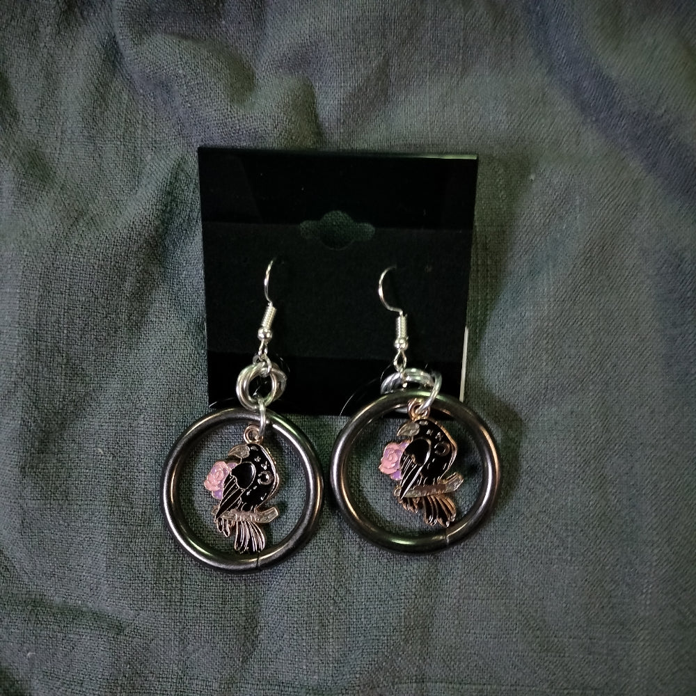 Handmade Earrings Ring and Charm Jewelry Leo Kitty Crafts Crow with Pink Roses  