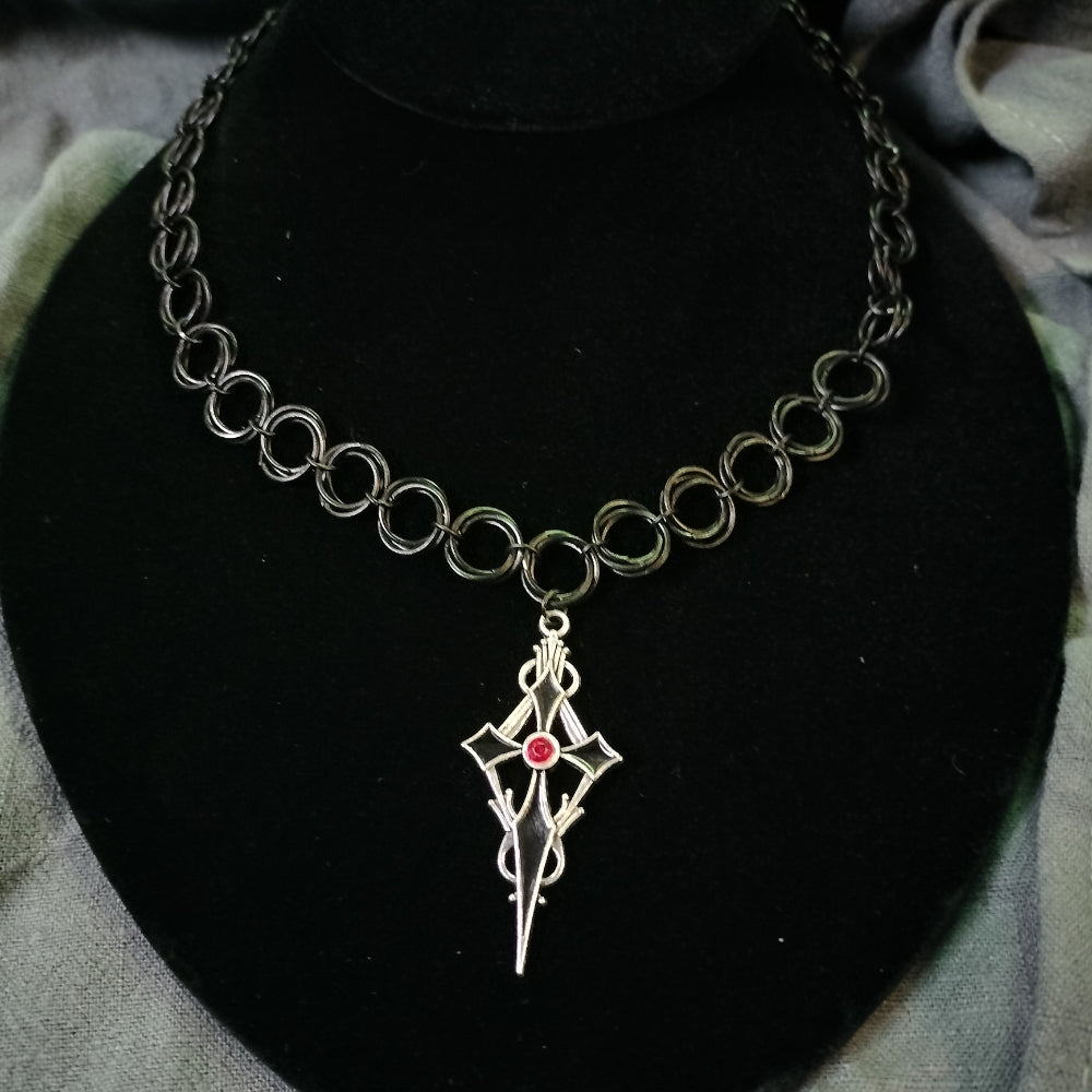 Handmade Gothic Cross Chainmail Choker Jewelry Leo Kitty Crafts Silver & Black  