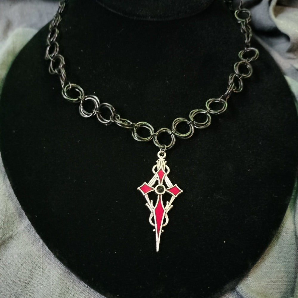 Handmade Gothic Cross Chainmail Choker Jewelry Leo Kitty Crafts Silver & Red  