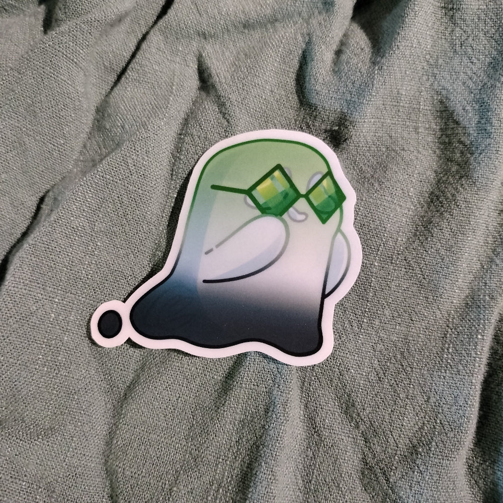 Sticker of a ghost wearing sunglasses on a textured fabric background