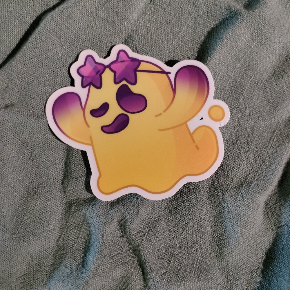 Cartoon character sticker with purple accents on a textured gray background