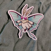 Cartoon butterfly character with pink and purple accents on a textured gray background