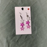 Pair of pink and white floral earrings on a card against a gray fabric background