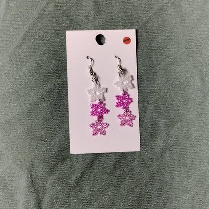 Pair of pink and white floral earrings on a card against a gray fabric background