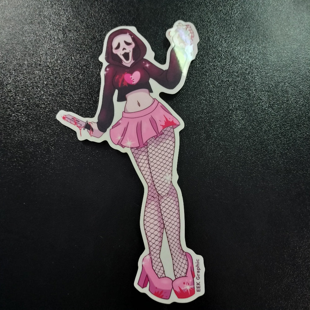 A die-cut sticker featuring a stylized horror-themed female character in a pink and black outfit with fishnet stockings and pink high heels, placed on a dark textured background. The sticker includes the text &