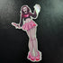 A die-cut sticker featuring a stylized horror-themed female character in a pink and black outfit with fishnet stockings and pink high heels, placed on a dark textured background. The sticker includes the text &