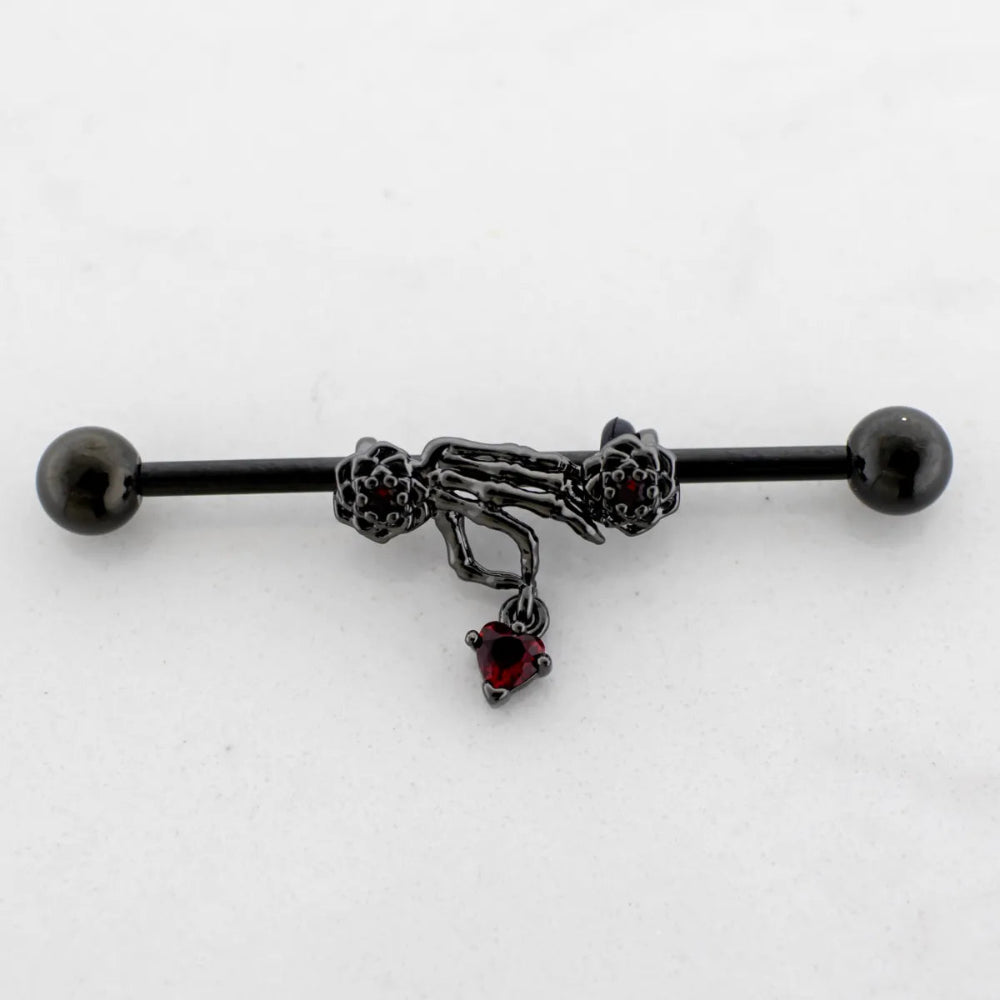 Industrial Barbell Skeleton Hand with Heart Gem