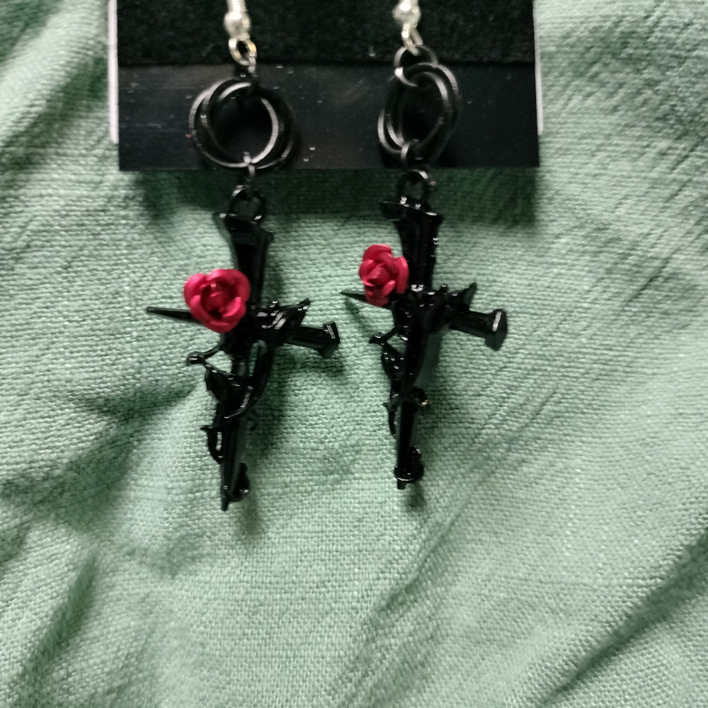 Handmade Rose Cross Earrings Jewelry Leo Kitty Crafts   