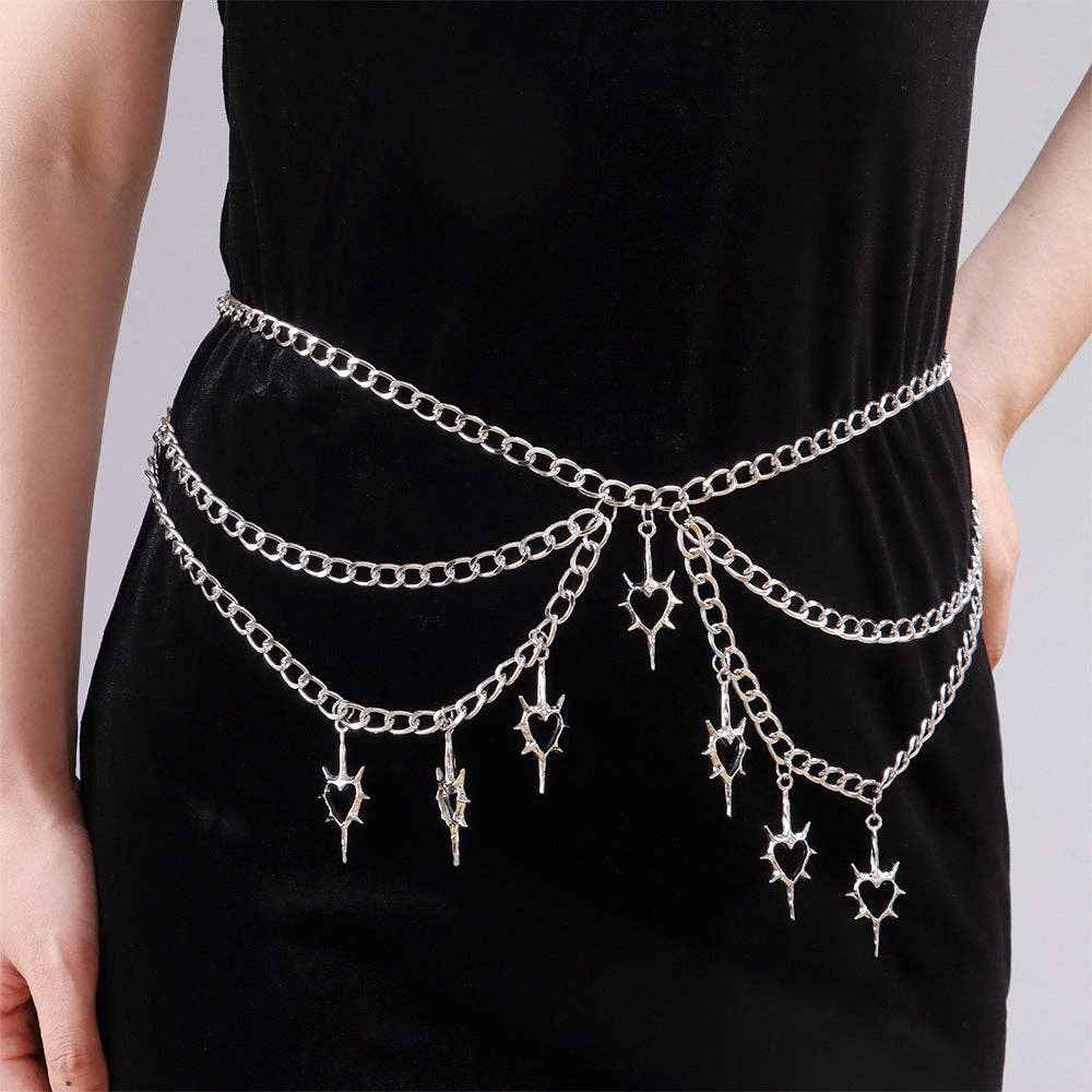 Layered Thorn Heart Pendant Chain Belt