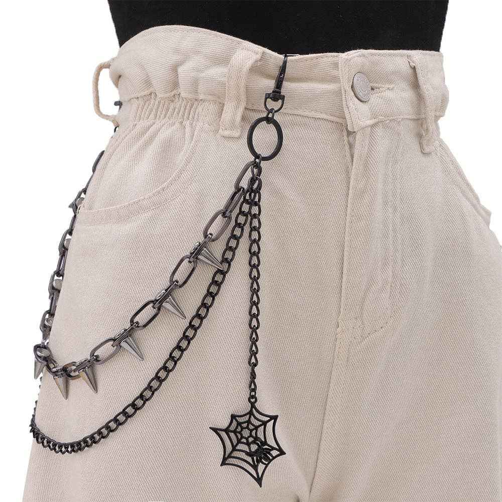 Layered Waist Chain With Spikes Spider Web Pendant