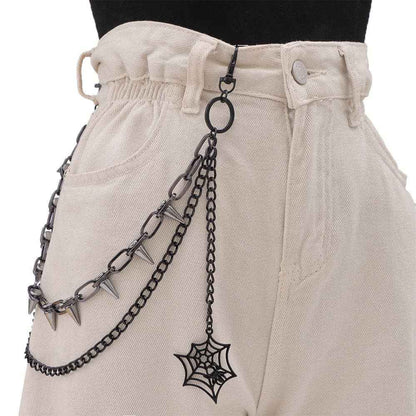 Layered Waist Chain With Spikes Spider Web Pendant