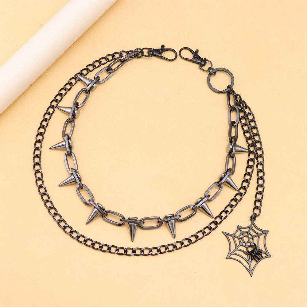 Layered Waist Chain With Spikes Spider Web Pendant