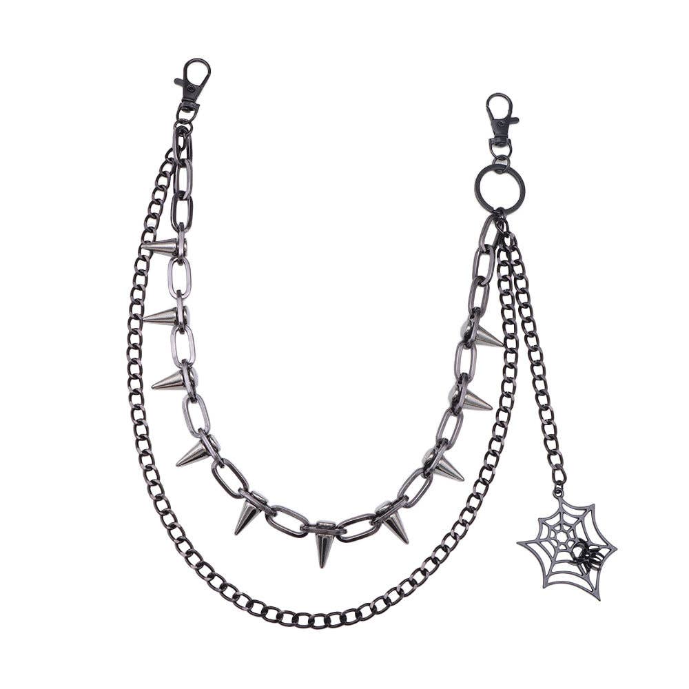 Layered Waist Chain With Spikes Spider Web Pendant