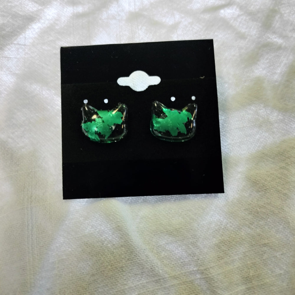 Handmade Cat Studs Jewelry Pink Star Arts Medium Metallic Green  