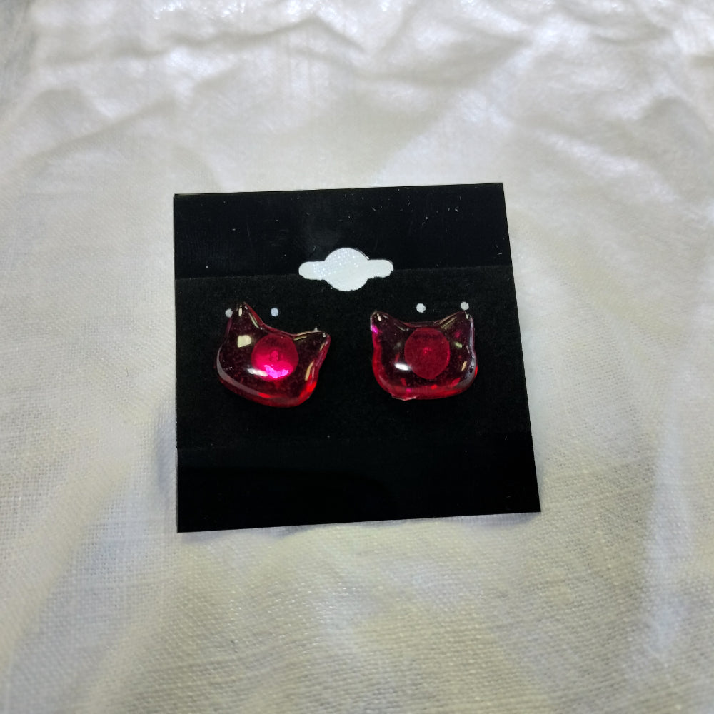 Handmade Cat Studs Jewelry Pink Star Arts Medium Red  