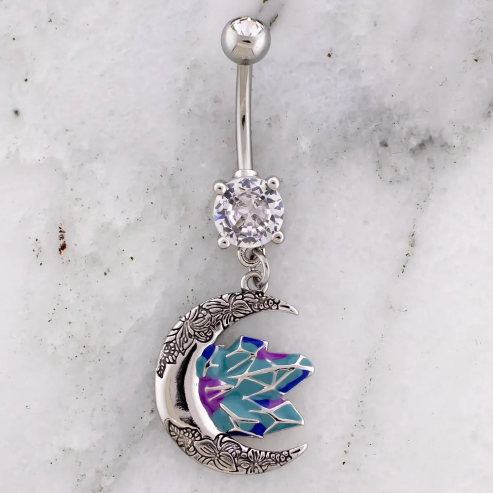 Navel Ring Floral Moon with Crystals