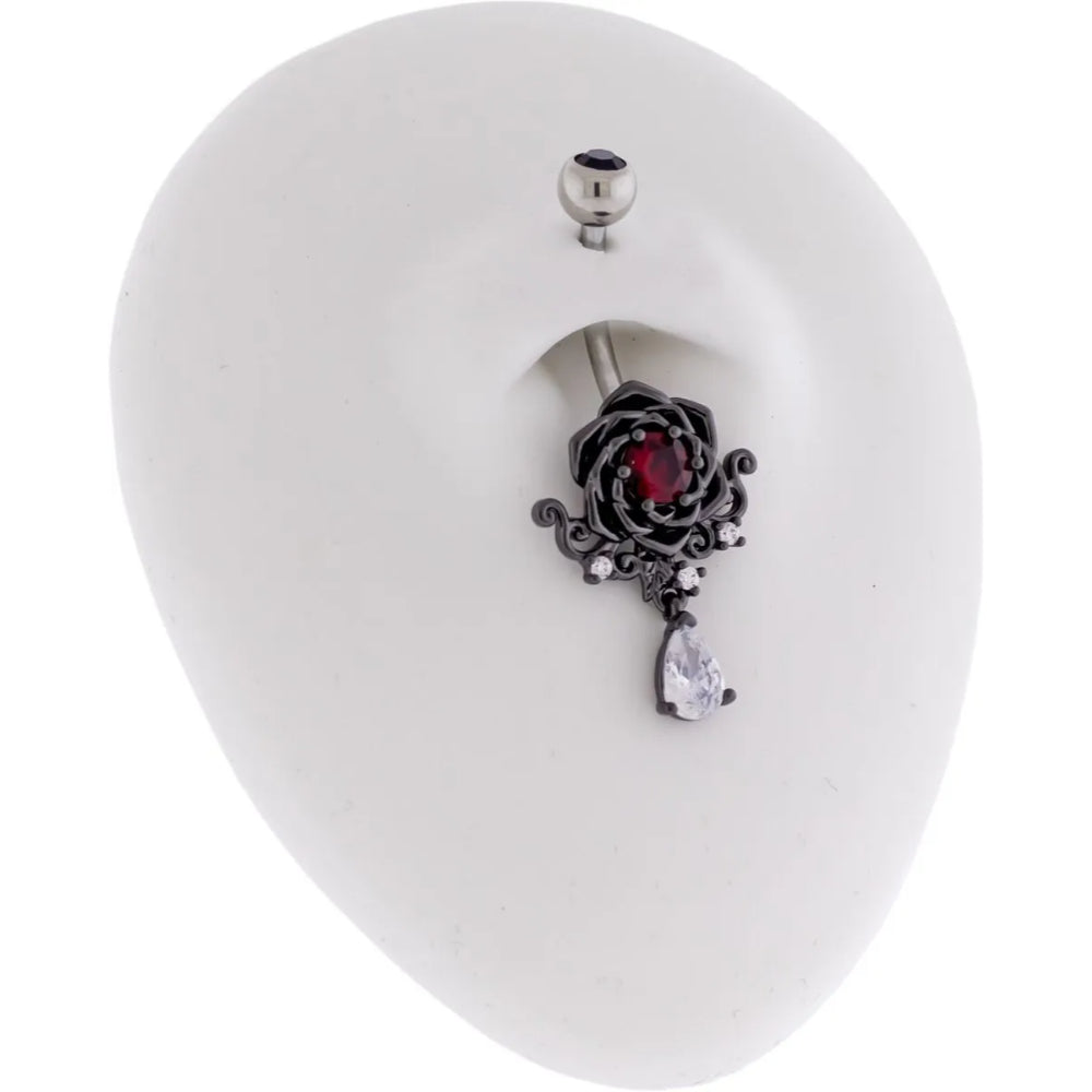 Navel Ring Black Rose Red Gem