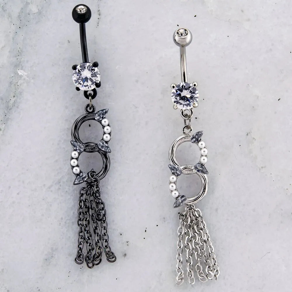 Navel Ring Gemmed Double Hoop with Chains