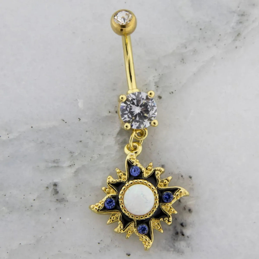 Navel Ring Gold and Blue Sun with Opal