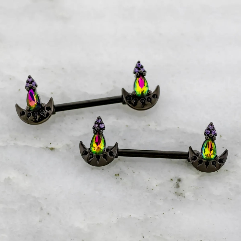 Nipple Ring Dark Rainbow Gem and Crescent Moon