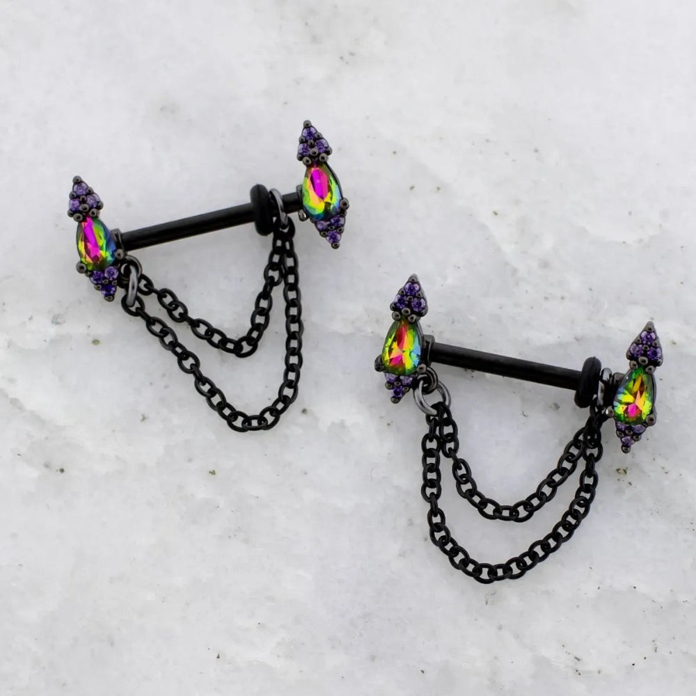 Nipple Ring Dark Rainbow Gem and Chains