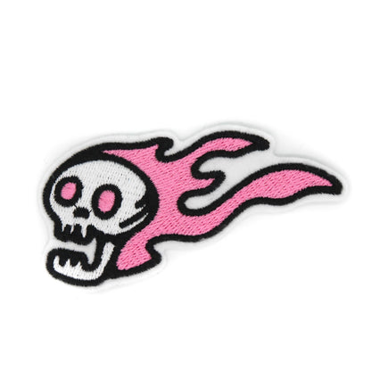 Pink Flaming Skull Iron On Patch