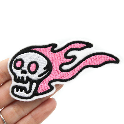 Pink Flaming Skull Iron On Patch