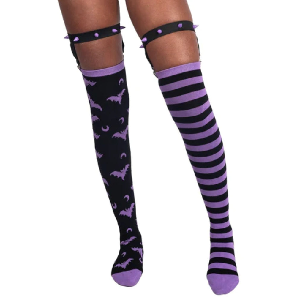 Purple Bats and Stripes Thigh High Socks with Studded Garter Clothing Too Fast   