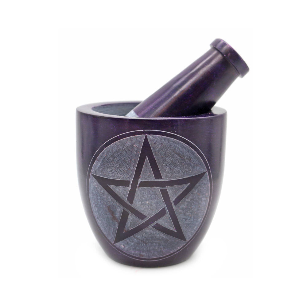 Purple Soapstone Mortar and Pestle with Pentagram Design Witchcraft DESIGNS BY DEEKAY INC   
