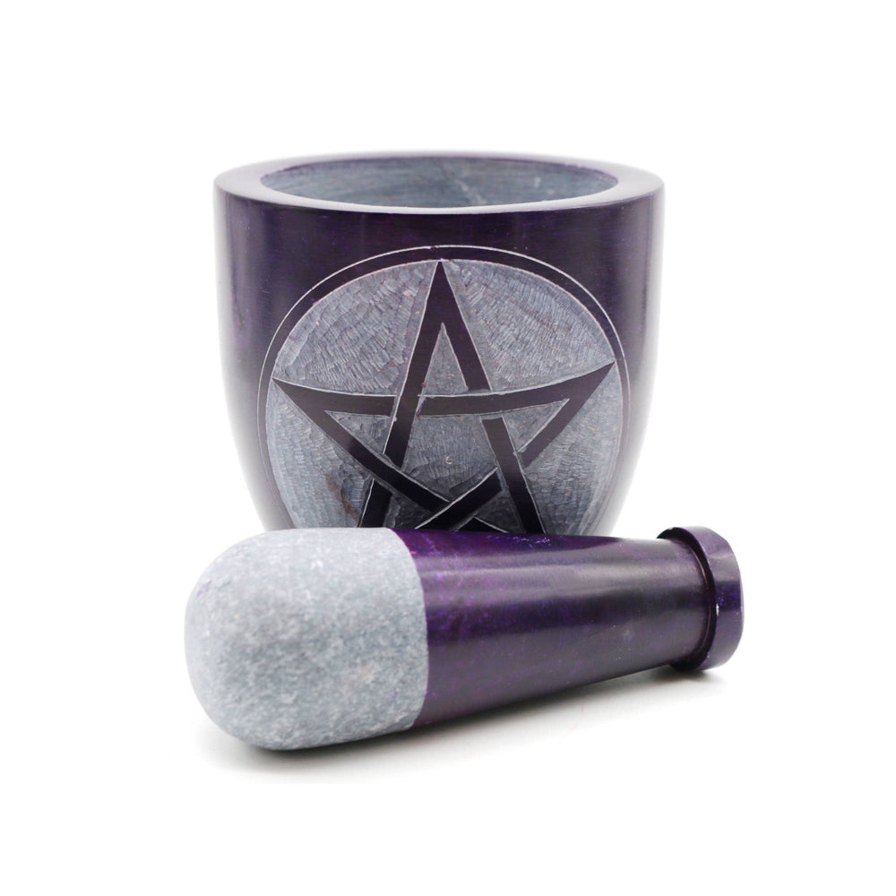 Purple Soapstone Mortar and Pestle with Pentagram Design Witchcraft DESIGNS BY DEEKAY INC   