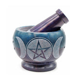 Purple and Teal Soapstone Mortar and Pestle with Triple Moon