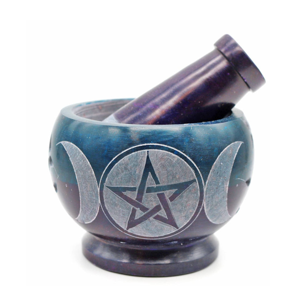 Purple and Teal Soapstone Mortar and Pestle with Triple Moon Witchcraft Designs by Deekay Inc.