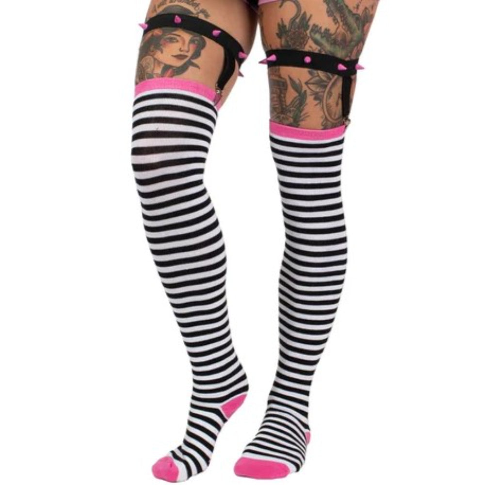 Thigh High Striped Socks with Studded Garter Clothing Too Fast   