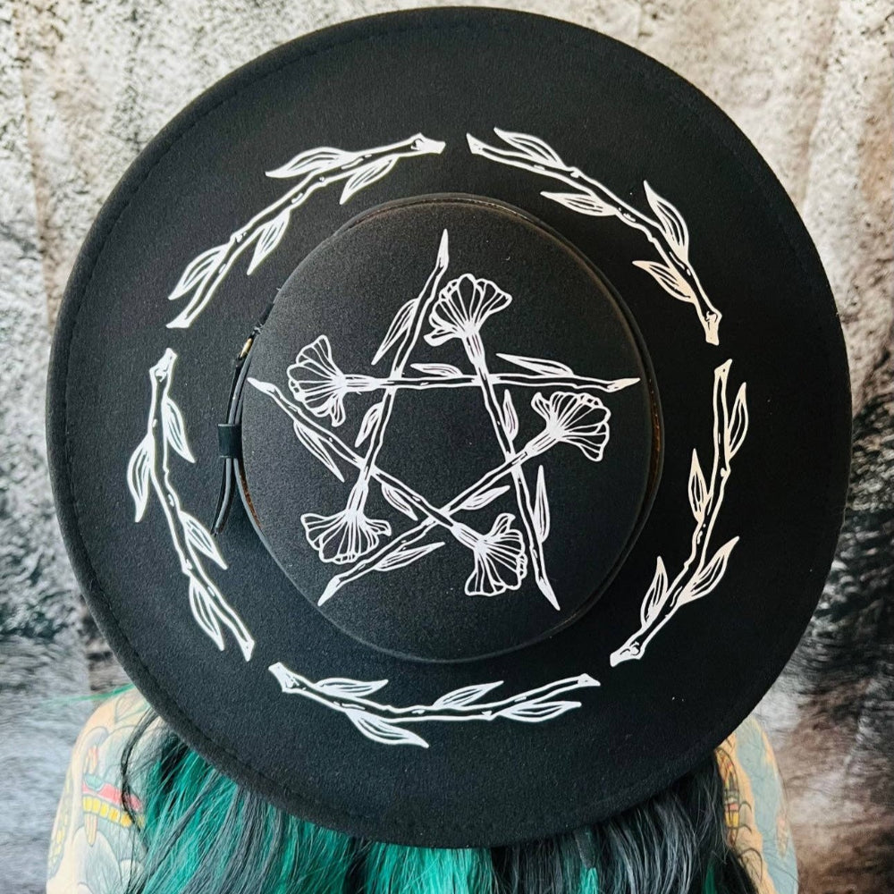 Wide Brim Flat Top Hat Floral Pentacle Clothing Witchwood Bags   