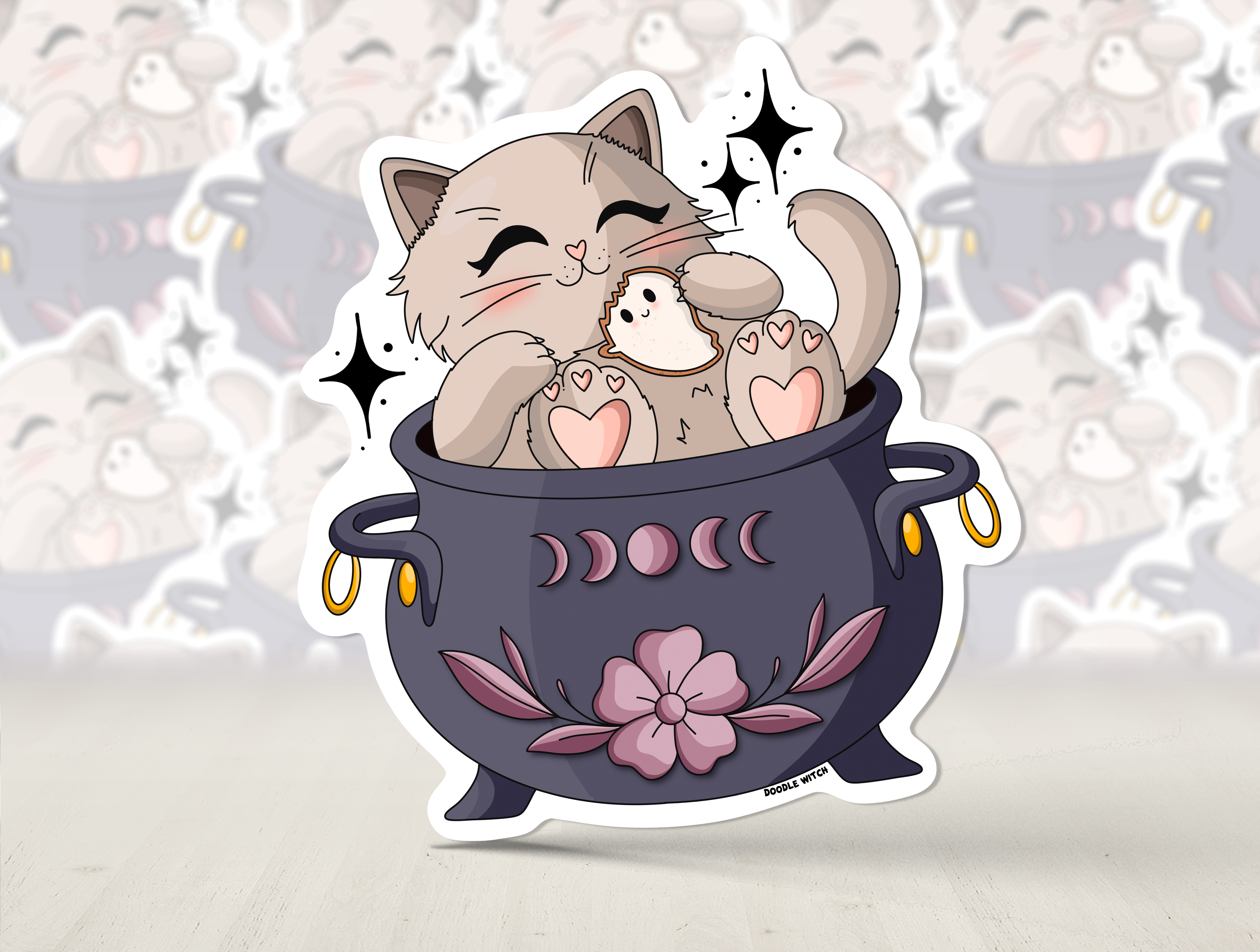 Cat in Cauldon Sticker, Cookie Sticker, Cat Sticker, Witch