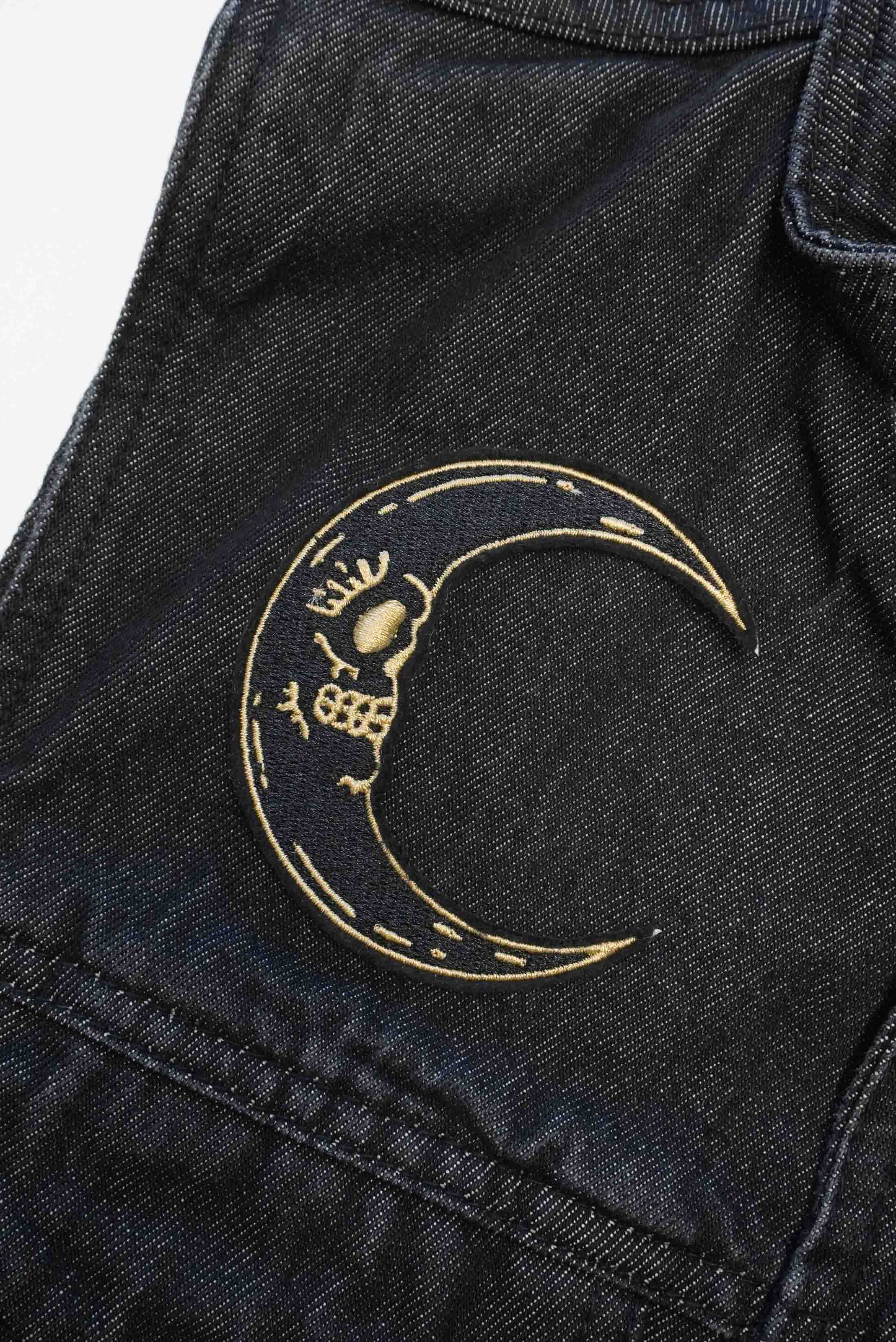 Black Crescent Moon Skull Iron on Patch