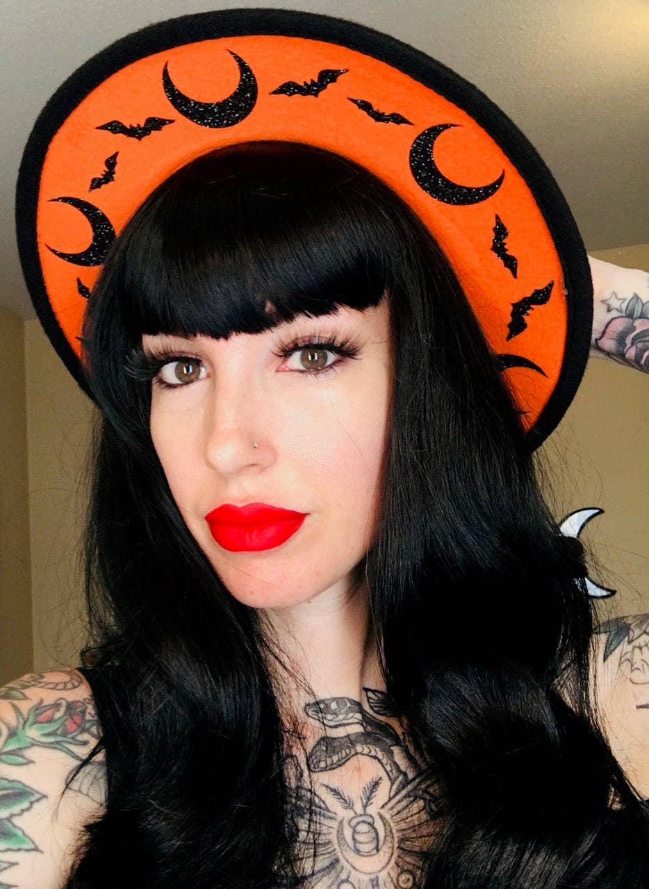 Wide Brim Felt Hat Glitter Bat Moons