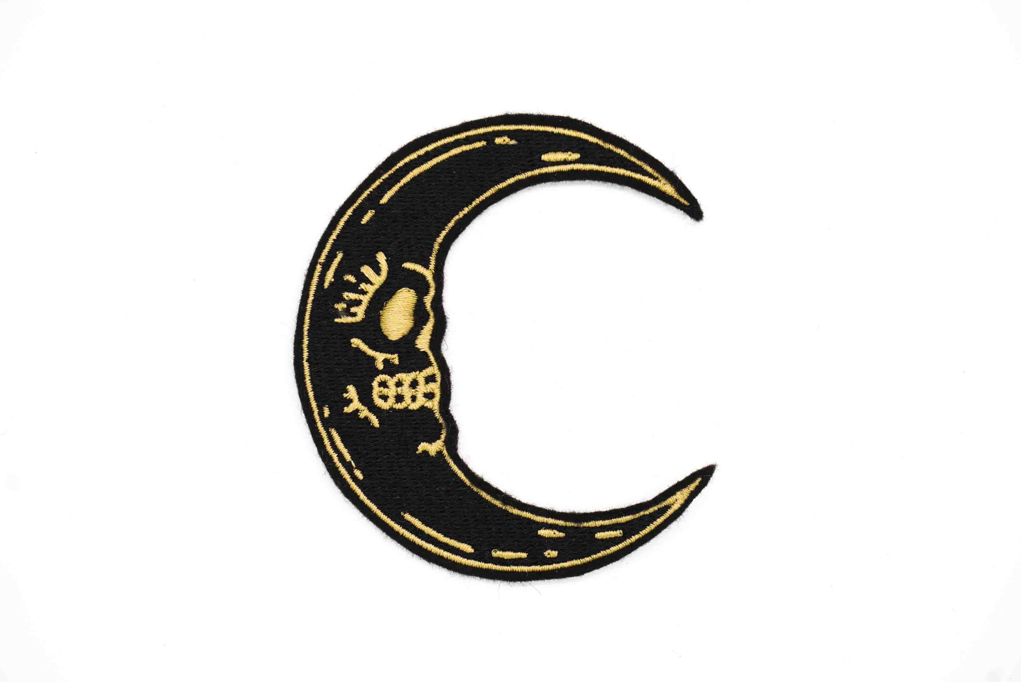 Black Crescent Moon Skull Iron on Patch