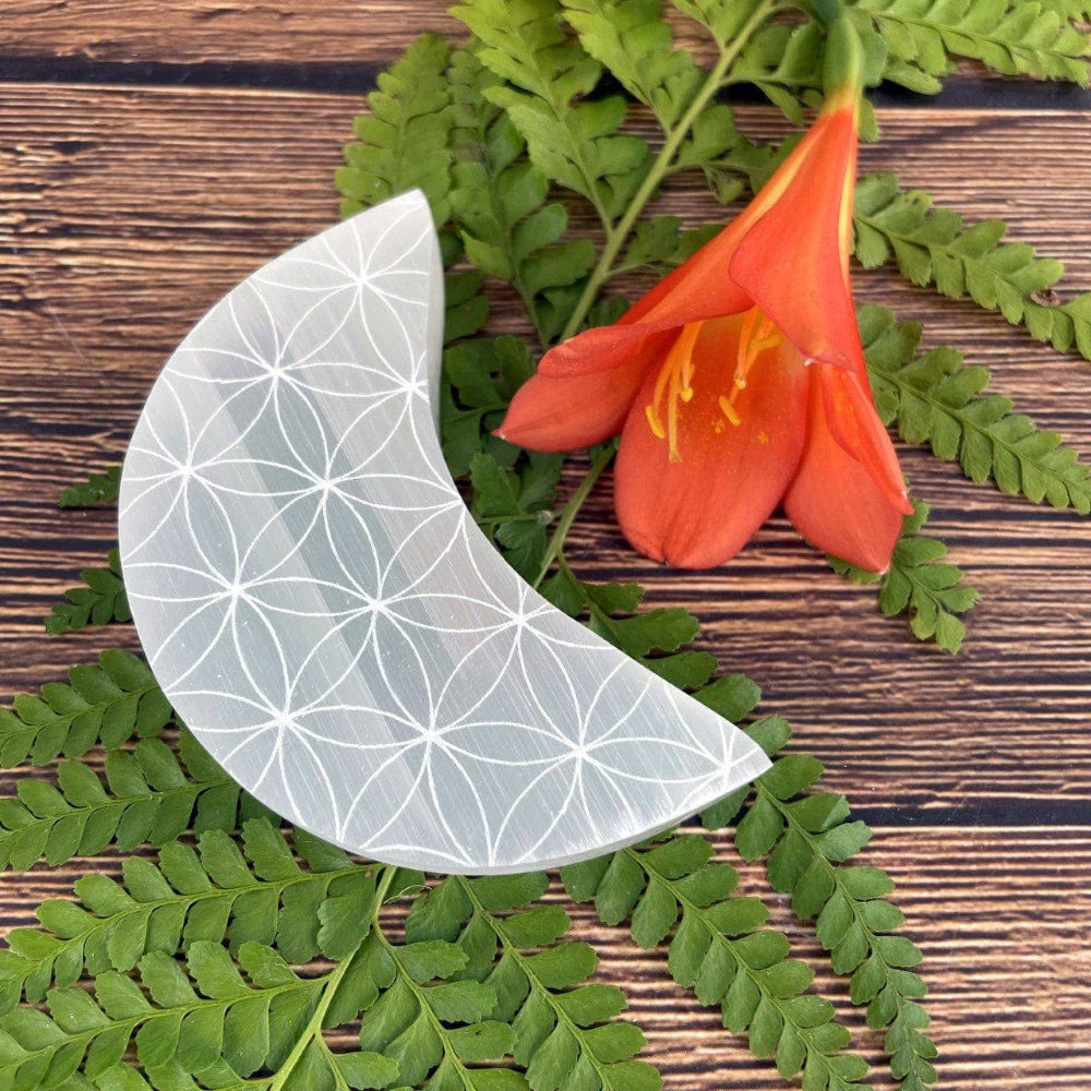 Selenite Engraved Crescent Moon Charging Plate - Flower of Life Witchcraft Rock Paradise   