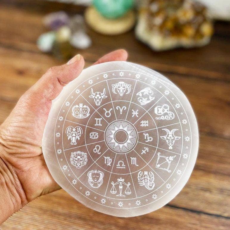 Selenite Etched Charging Plate - Zodiac Signs Witchcraft Rock Paradise   