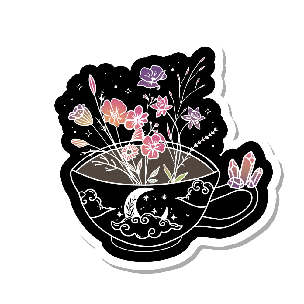 Cottagecore Flowers and Moon Tea Cup Vinyl Sticker Sticker Rebel and Siren   