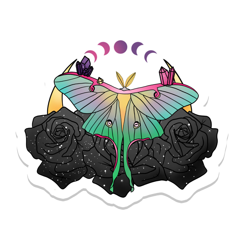 Luna Moth with Black Roses Vinyl Sticker Sticker Rebel and Siren   