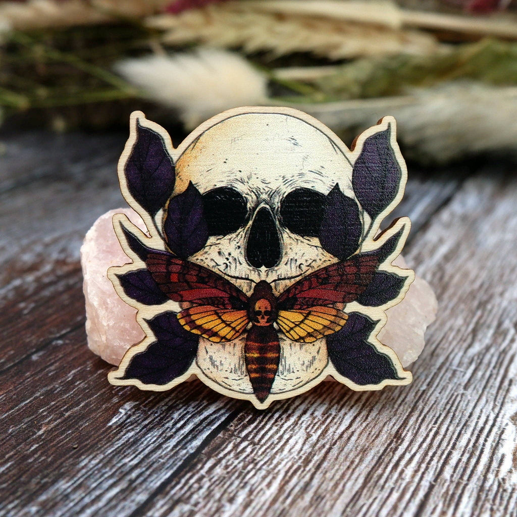 Death's Head Hawkmoth - Wooden Pin Badge Bric-A-Brac Print is Dead   