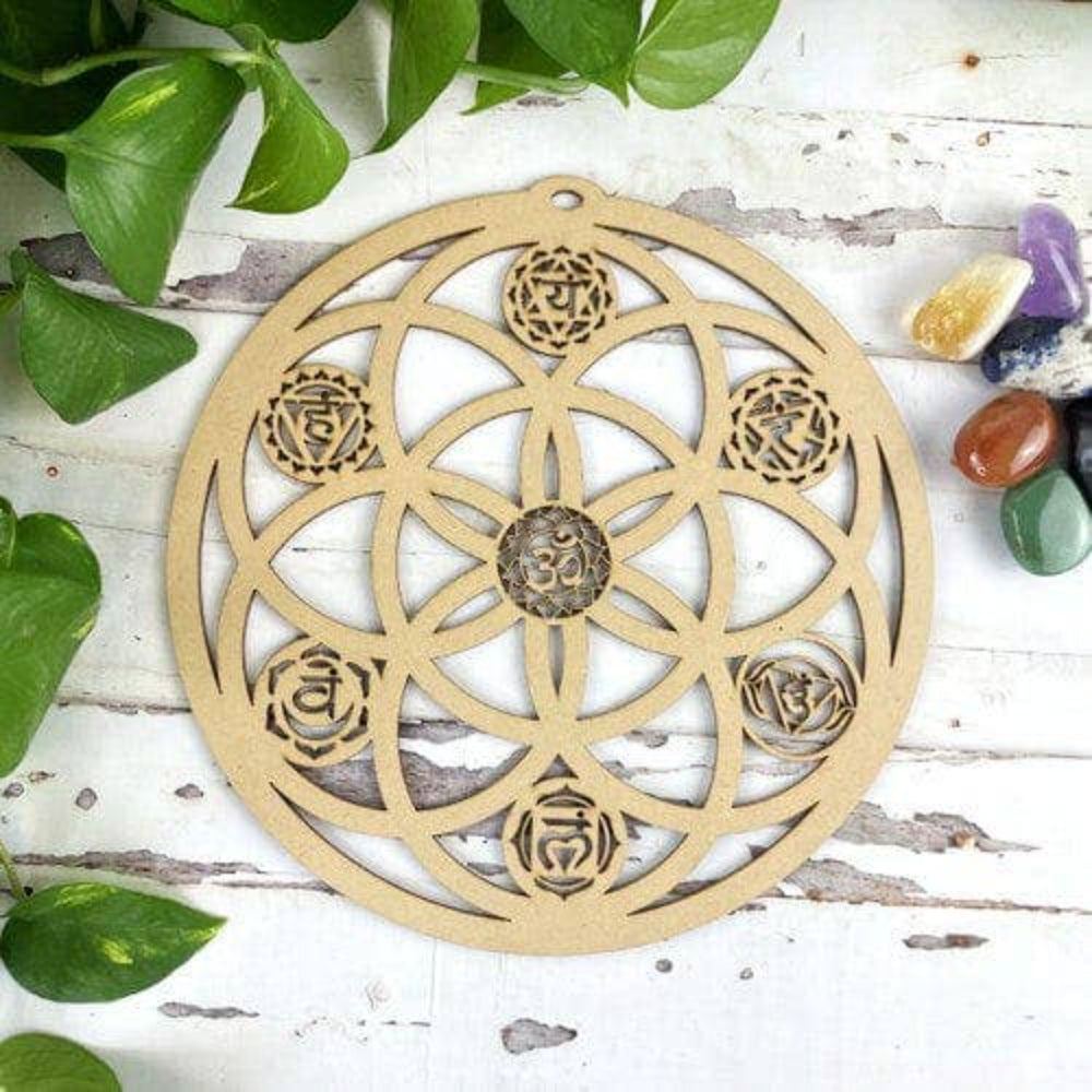 Wood Crystal Grid - Seed of Life and 7 Chakras Design Witchcraft Rock Paradise   