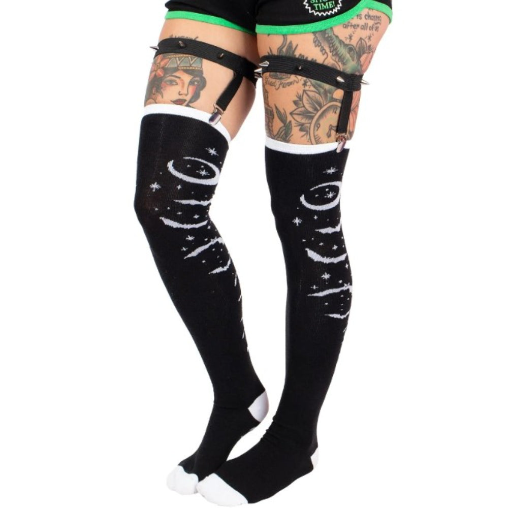 Bats and Stars Thigh High Socks with Studded Garter Clothing Too Fast   