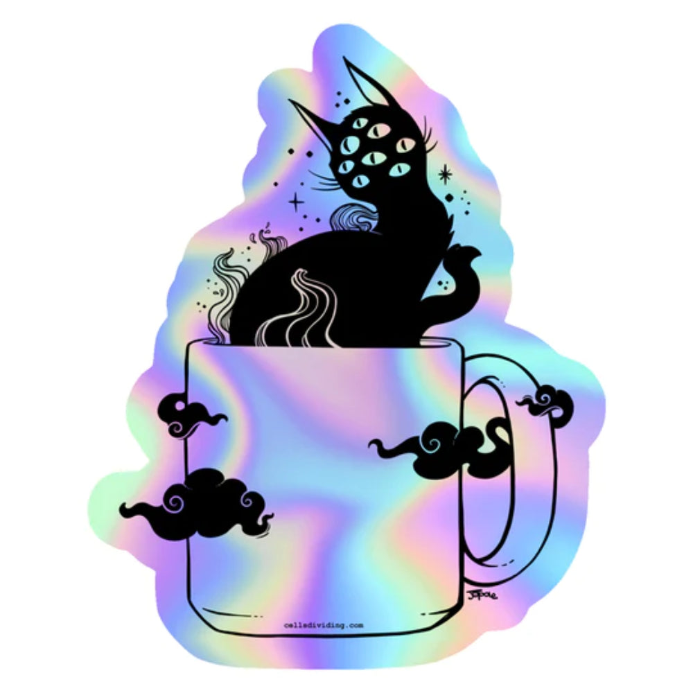 Black Cat in Coffee Cup Holographic Sticker Sticker Cells Dividing   
