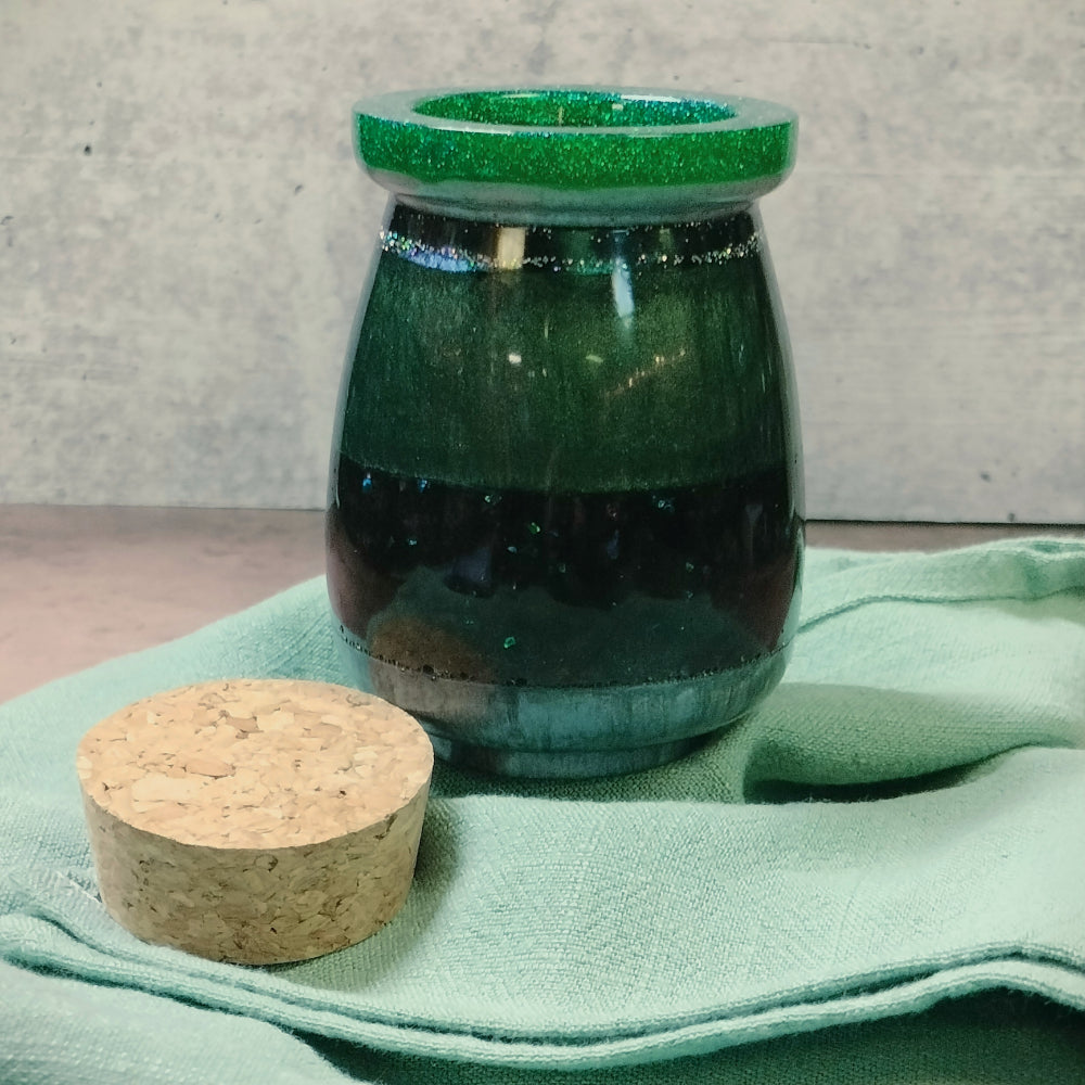 Resin Corked Jar Home Decor Foxglove Crafts Green and Black  