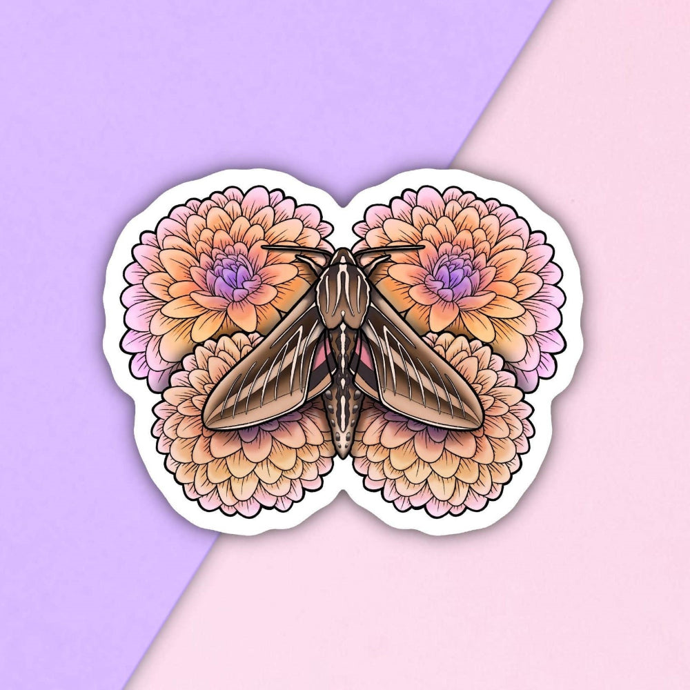 Moth and Dahlias Sticker Sticker FuzziesArtDesigns   