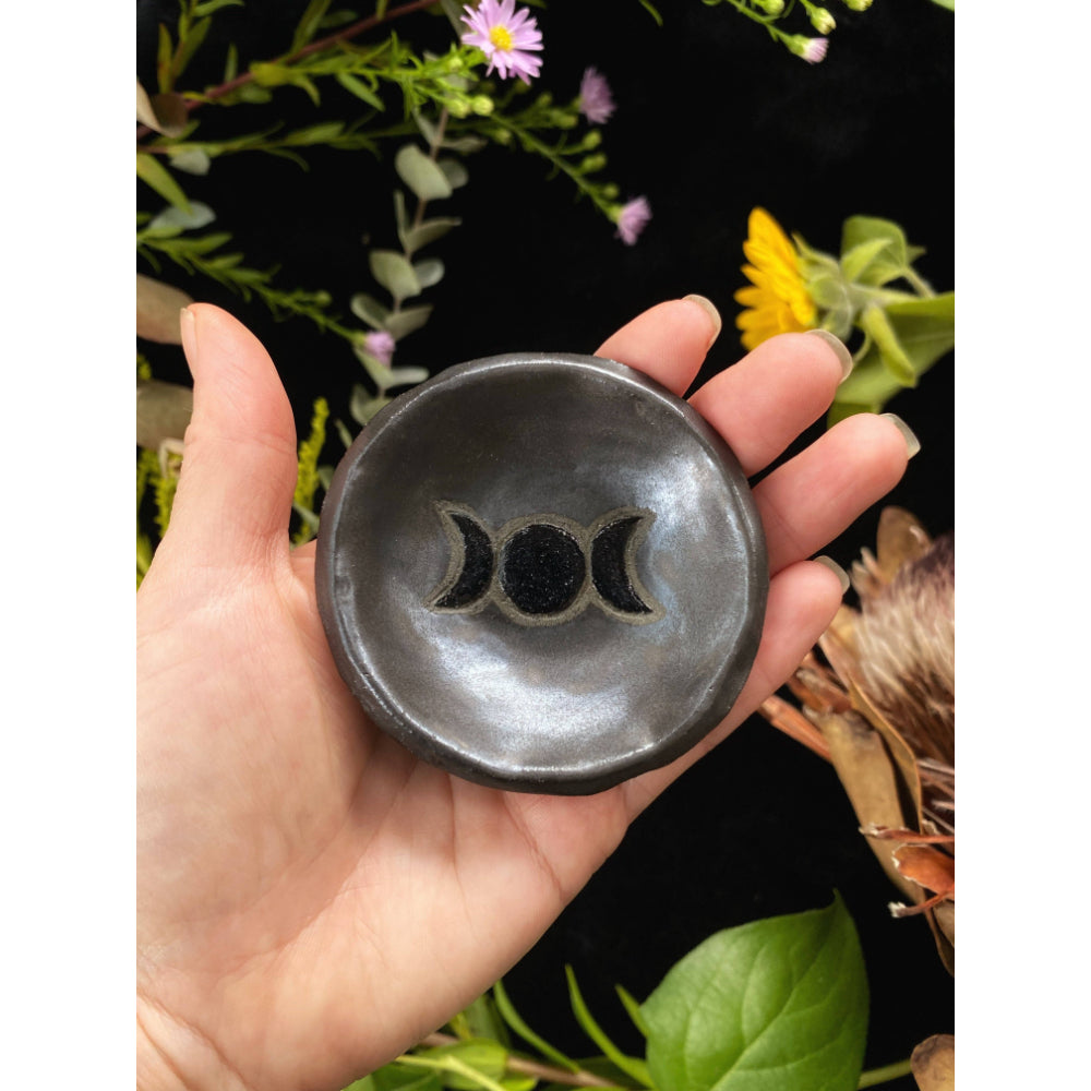 Dark Luster Triple Moon Mini Ceramic Offering Dish Witchcraft Keven Craft Rituals LLC   