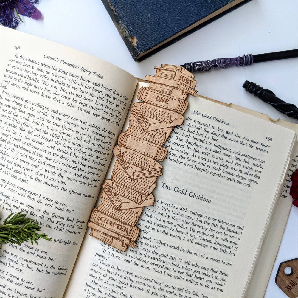 Just One More Chapter Book Stack Wooden Bookmark Stationery North To South Designs   